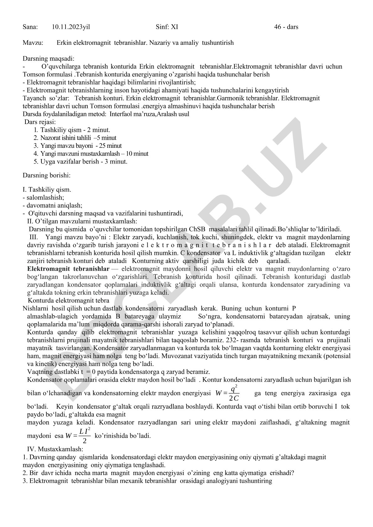 Erkin elektromagnit tebranishlar. Nazariy va amaliy tushuntirish
