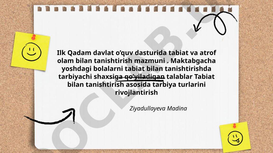 Ilk Qadam davlat o'quv dasturida tabiat va atrof olam bilan tanishtirish mazmuni