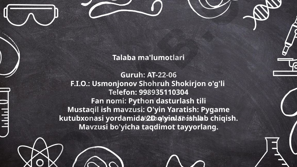Pygame kutubxonasi yordamida 2D o'yinlar ishlab chiqish