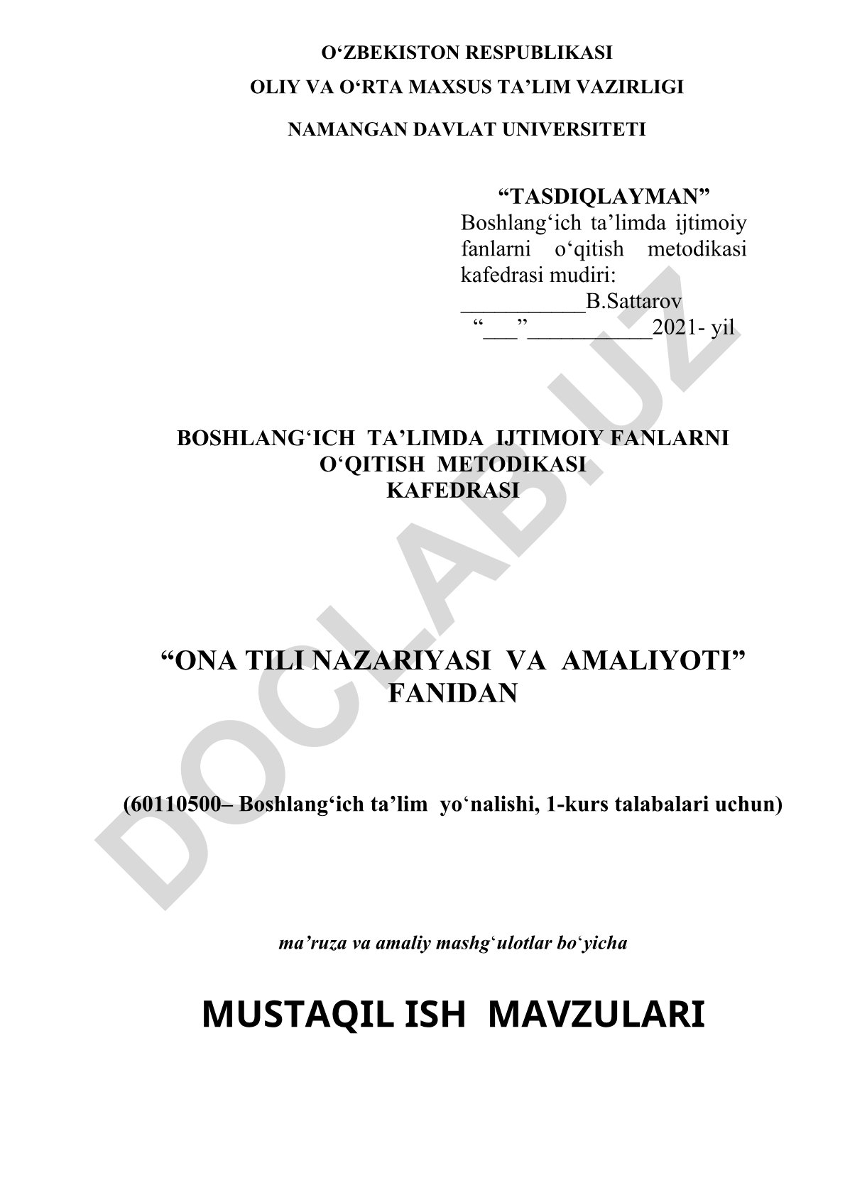 Ona tili nazariyasi va amaliyoti fanidan mustaqil ta'lim topshiriqlari