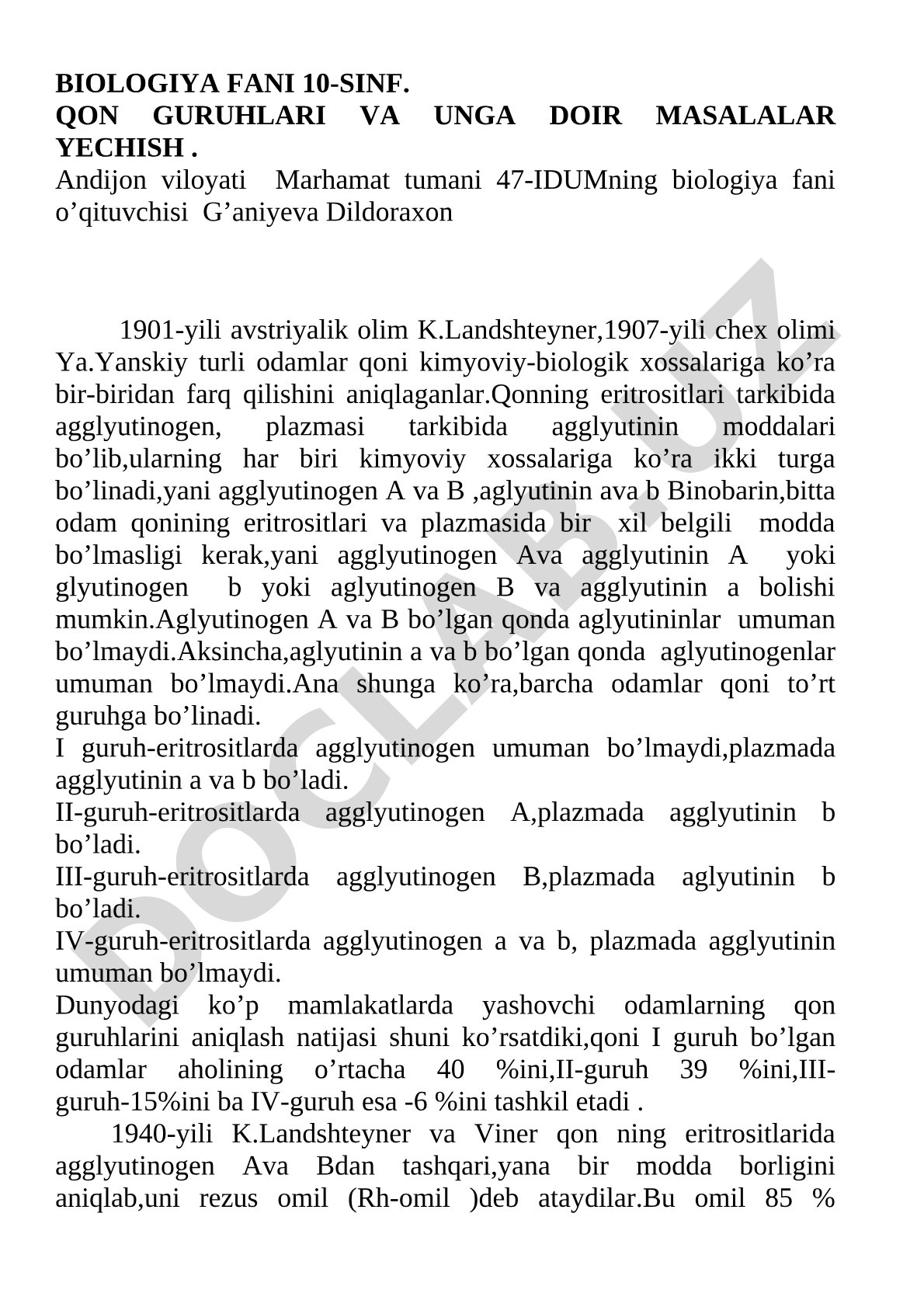 Qon guruhlari va unga doir masalalar yechish