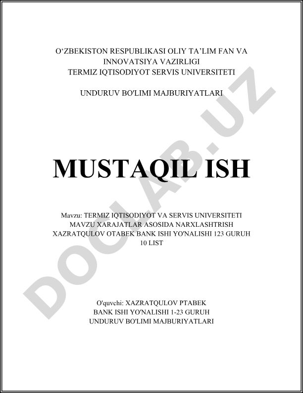 Termiz Iqtisodiyot va Servis Universiteti mavzu xarajatlar asosida narxlashtirish