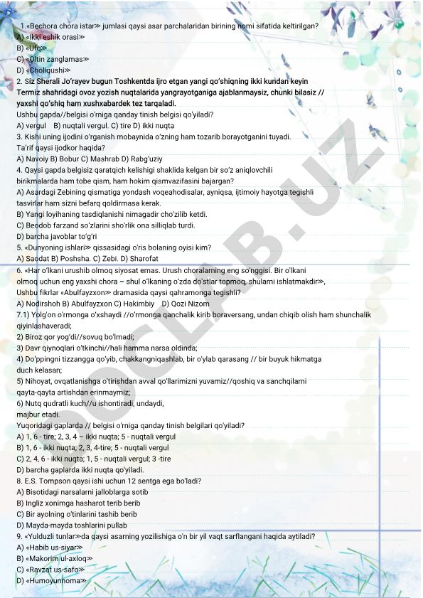 O'zbek adabiyoti va tilidan test savollari