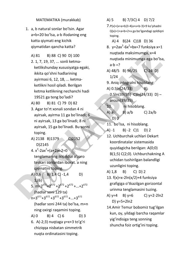 Matematika murakkab masalalar to'plami