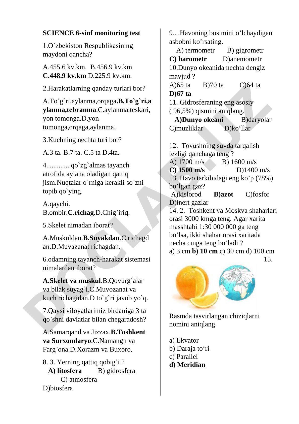 6-sinf Science monitoring testi