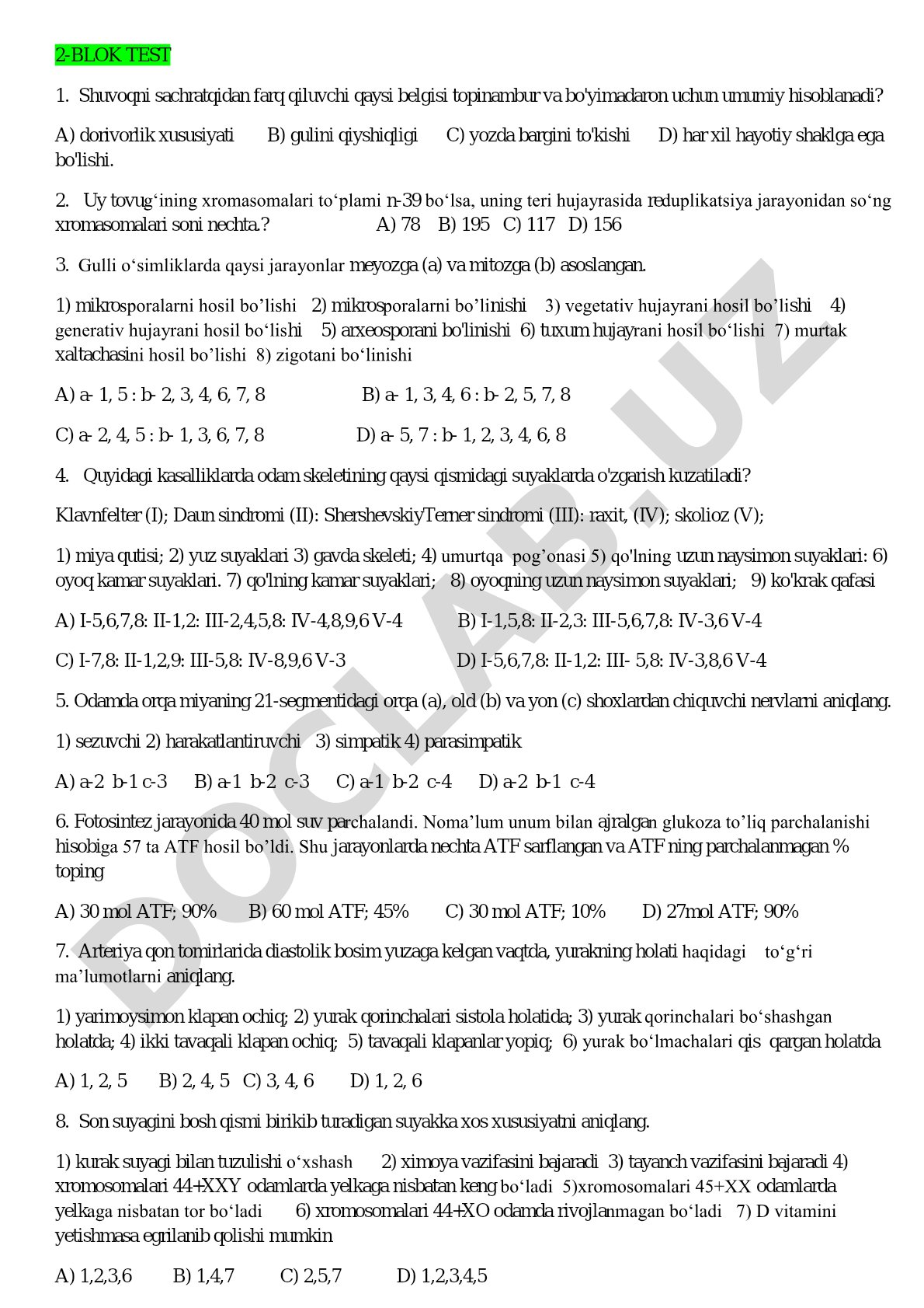 Biologiyadan 2-blok test savollari