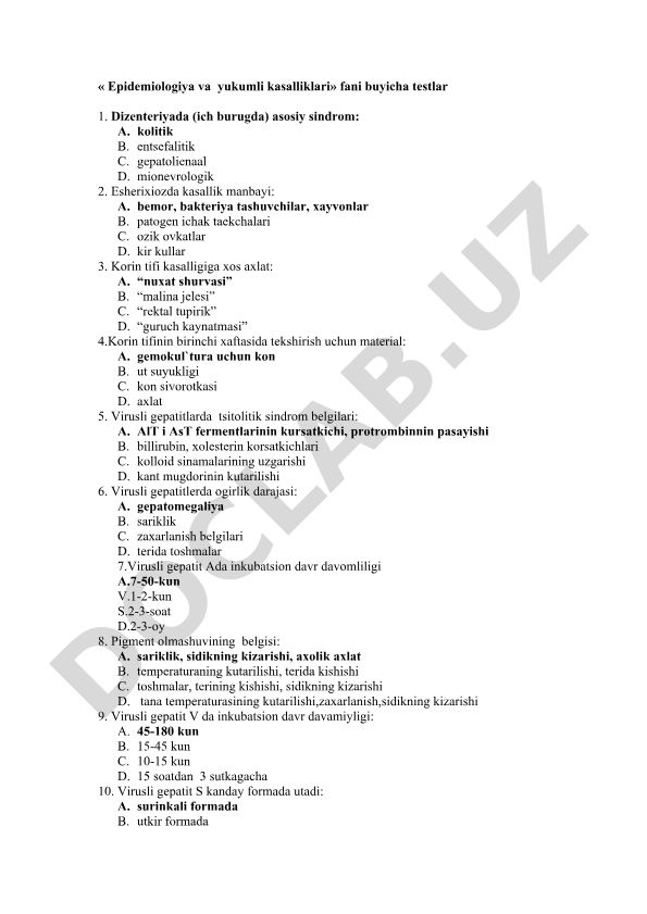 Epidemiologiya va yuqumli kasalliklar fani testlari