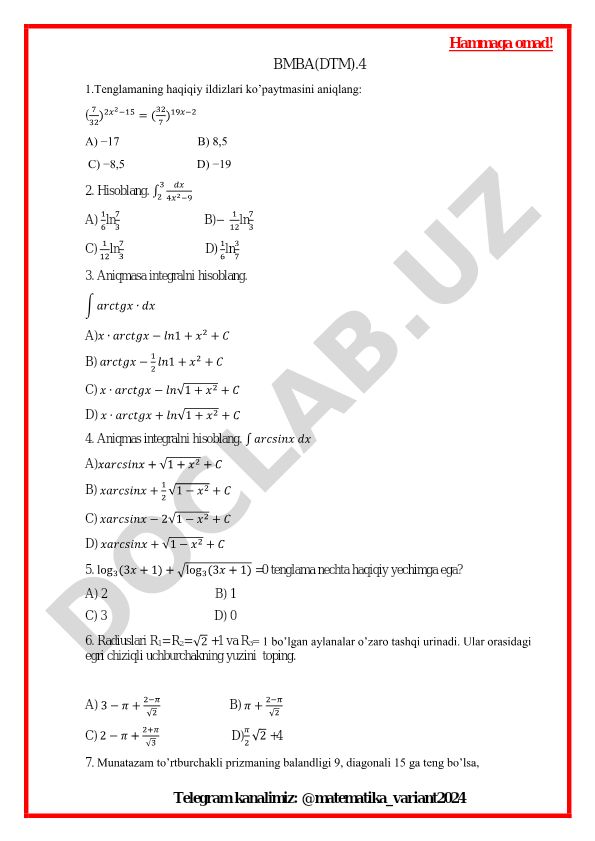 Matematika test variantlari va masalalari