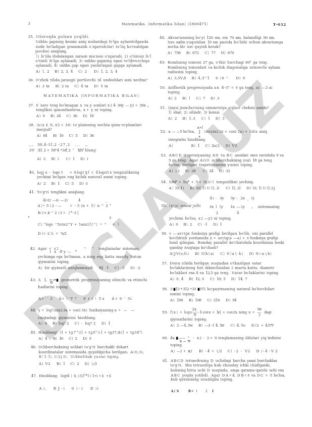 Matematika va informatika fanlaridan test savollari