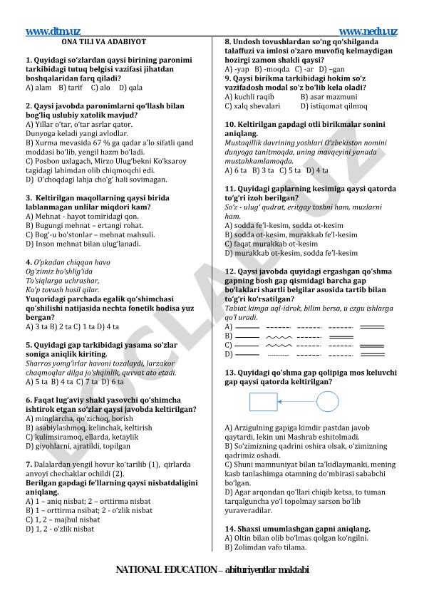 Ona tili va adabiyot fanidan test savollari