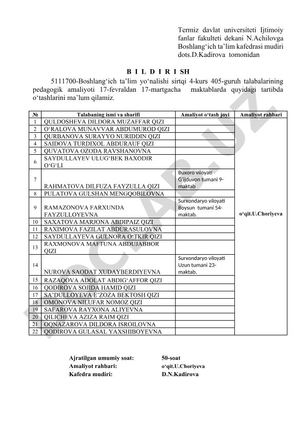 Boshlang'ich ta'lim yo'nalishi talabalarining pedagogik amaliyoti tartibi