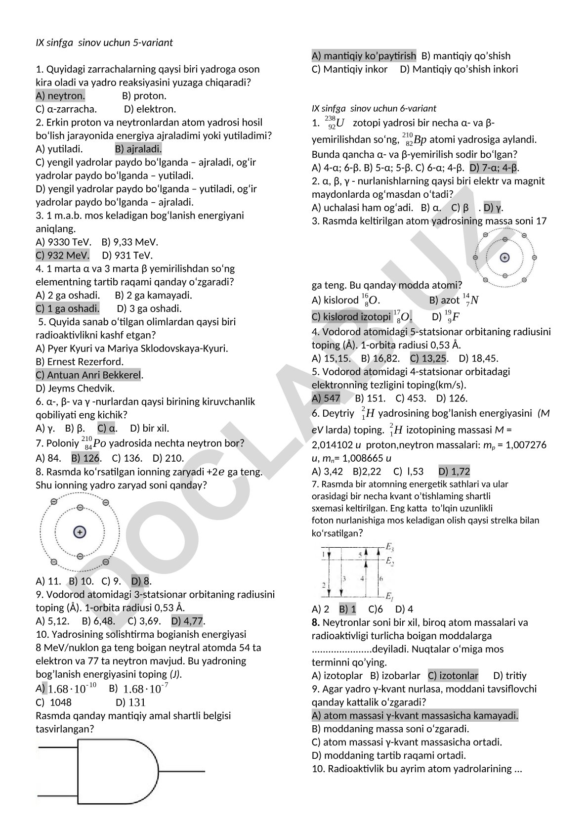 IX sinf fizika fanidan sinov testlari (5-variant)