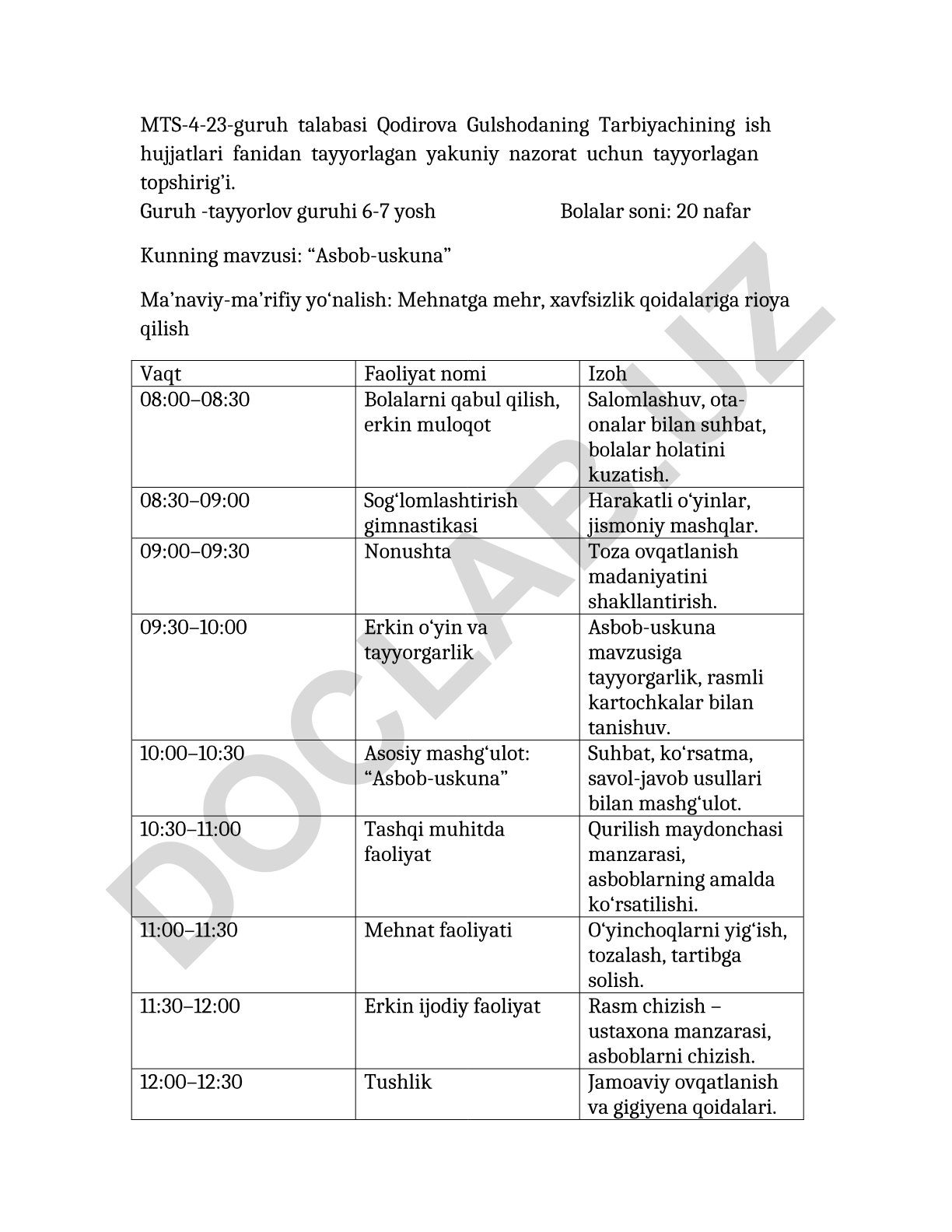 Tarbiyachining ish hujjatlari fanidan yakuniy nazorat topshirig'i