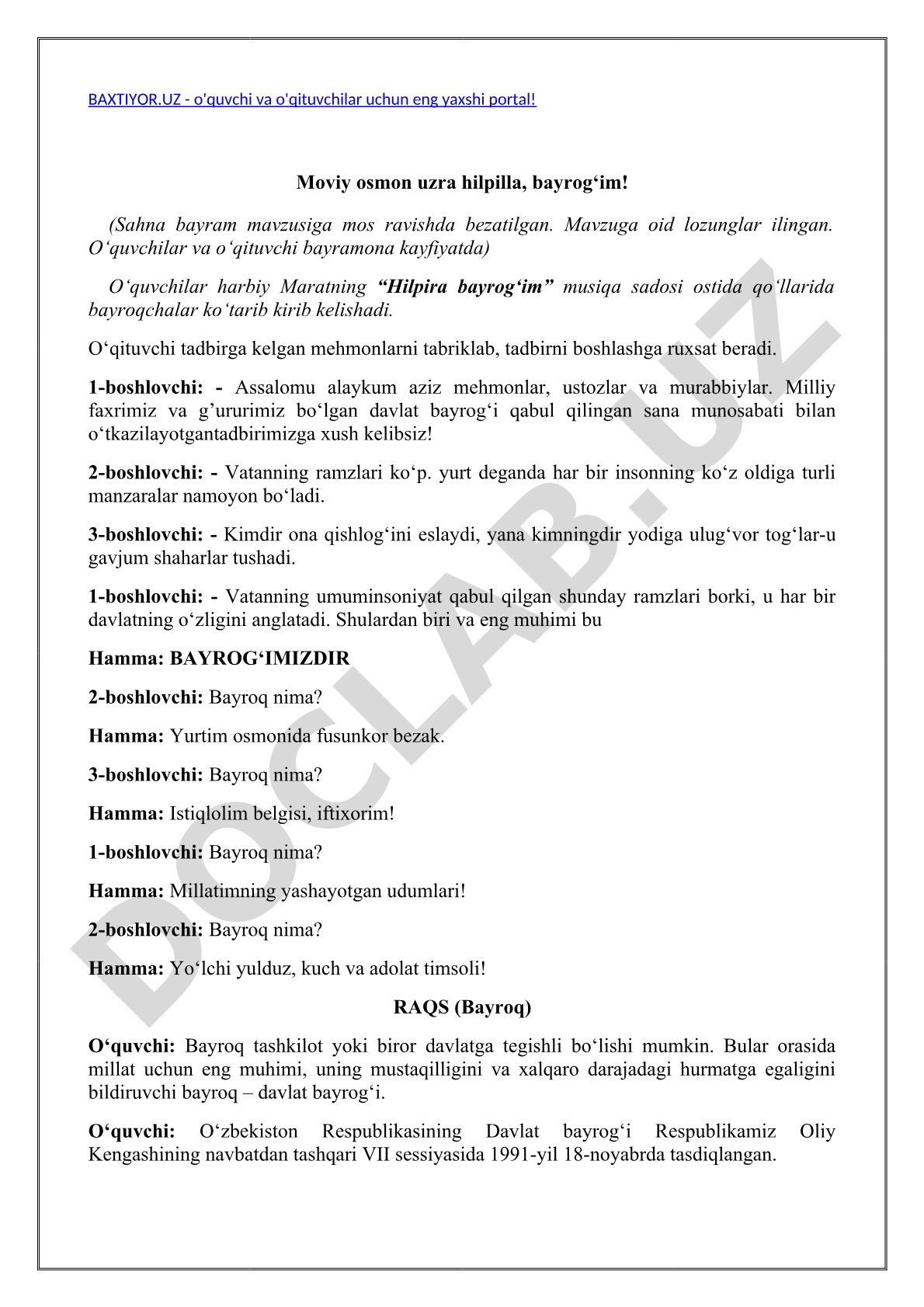 Davlat bayrog'i bayrami tadbir ssenariysi