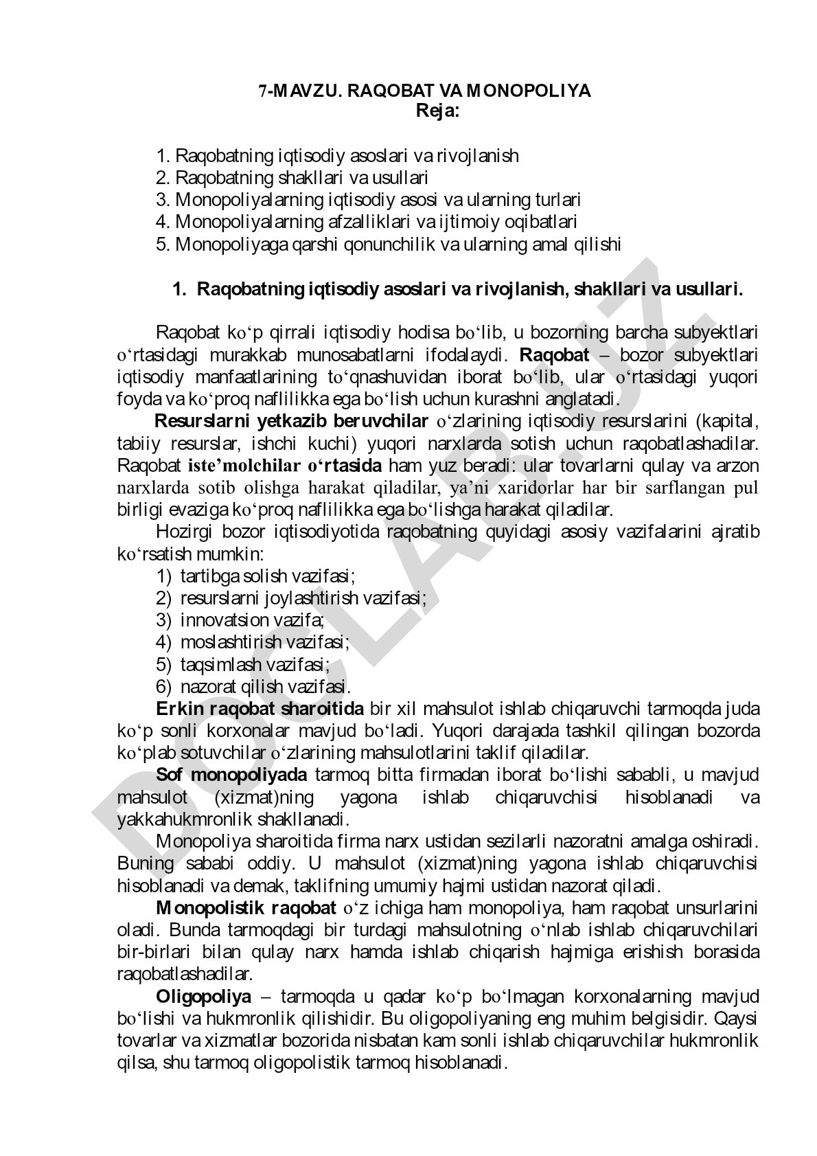 Raqobat va monopoliyaning iqtisodiy asoslari va rivojlanishi