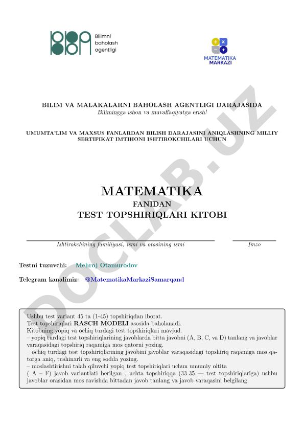 Matematika fanidan test topshiriqlari kitobi