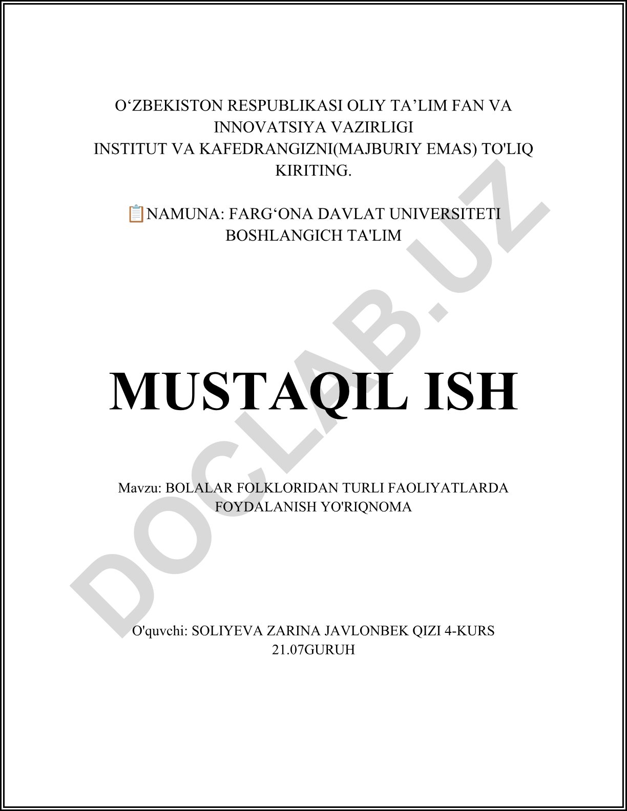 Bolalar folkloridan turli faoliyatlarda foydalanish