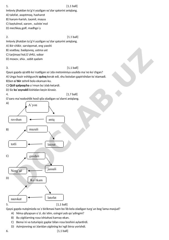 O'zbek tili imlo va tilshunoslik test savollari