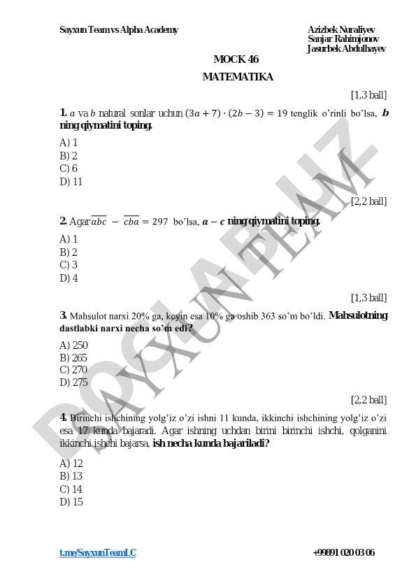 Matematika masalalari to'plami