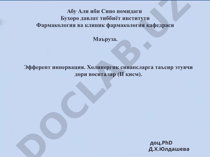 Эфферент иннервация. Холинергик синапсларга таъсир этувчи дори воситалар (II қисм)