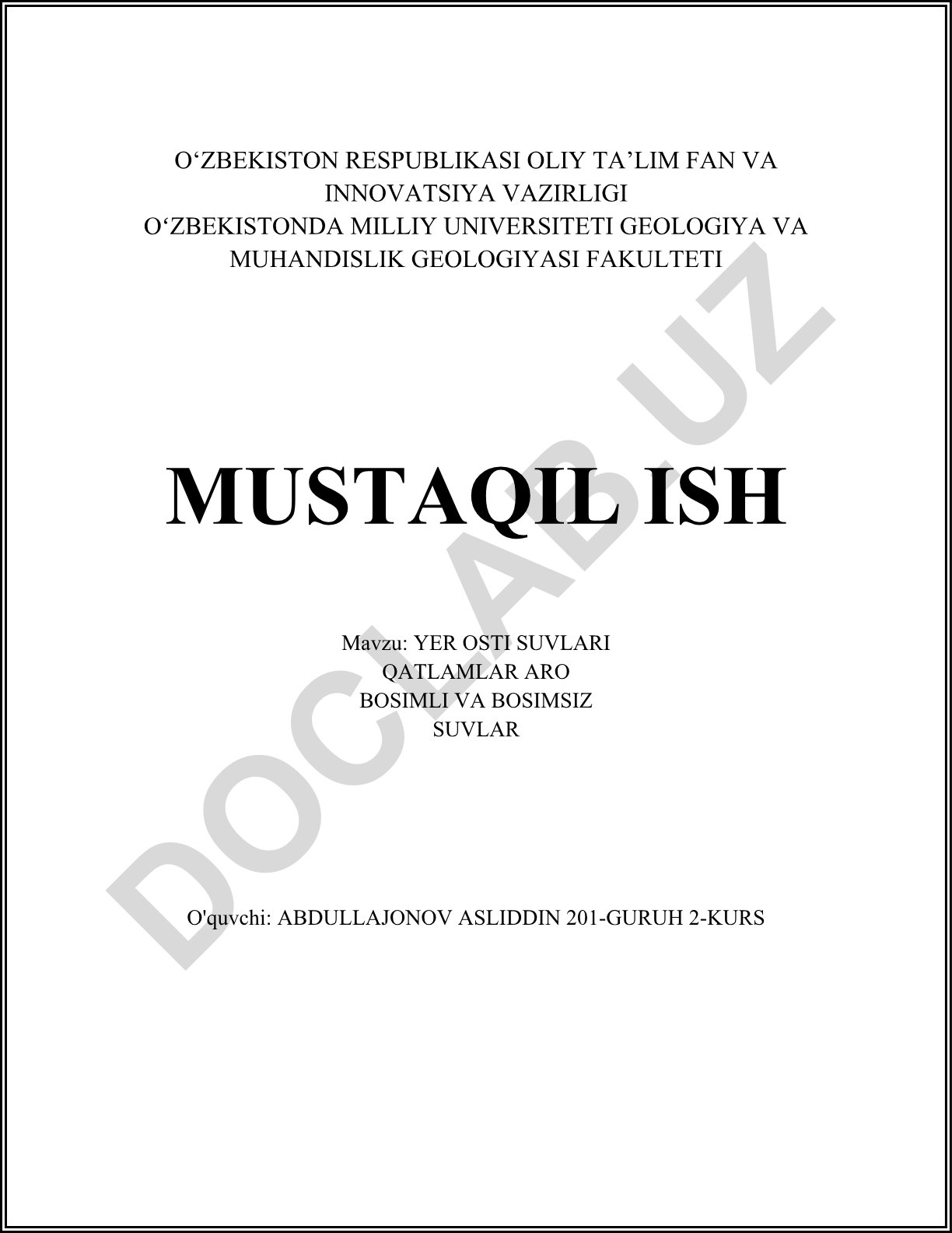 Yer osti suvlari qatlamlar aro bosimli va bosimsiz suvlar