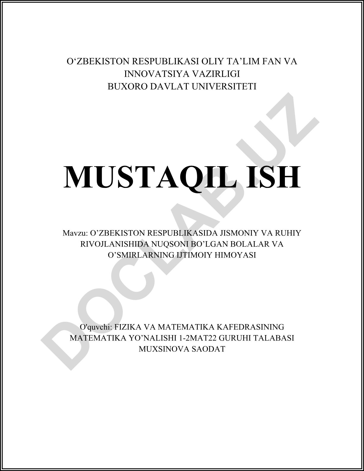 O‘zbekiston Respublikasida jismoniy va ruhiy rivojlanishida nuqsoni bo‘lgan bolalar va o‘smirlarning ijtimoiy himoyasi
