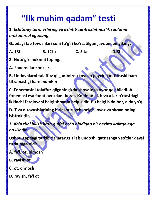 Fonetika va tilshunoslik test savollari