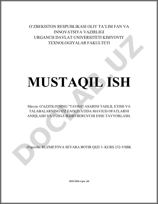 G'azzoliyning "Tavba" asarini tahli etish va talabalarning o'z faoliyatida mavjud ofatlarni aniqlash