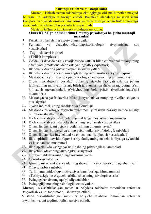 Umumiy psixologiya bo'yicha mustaqil mavzular