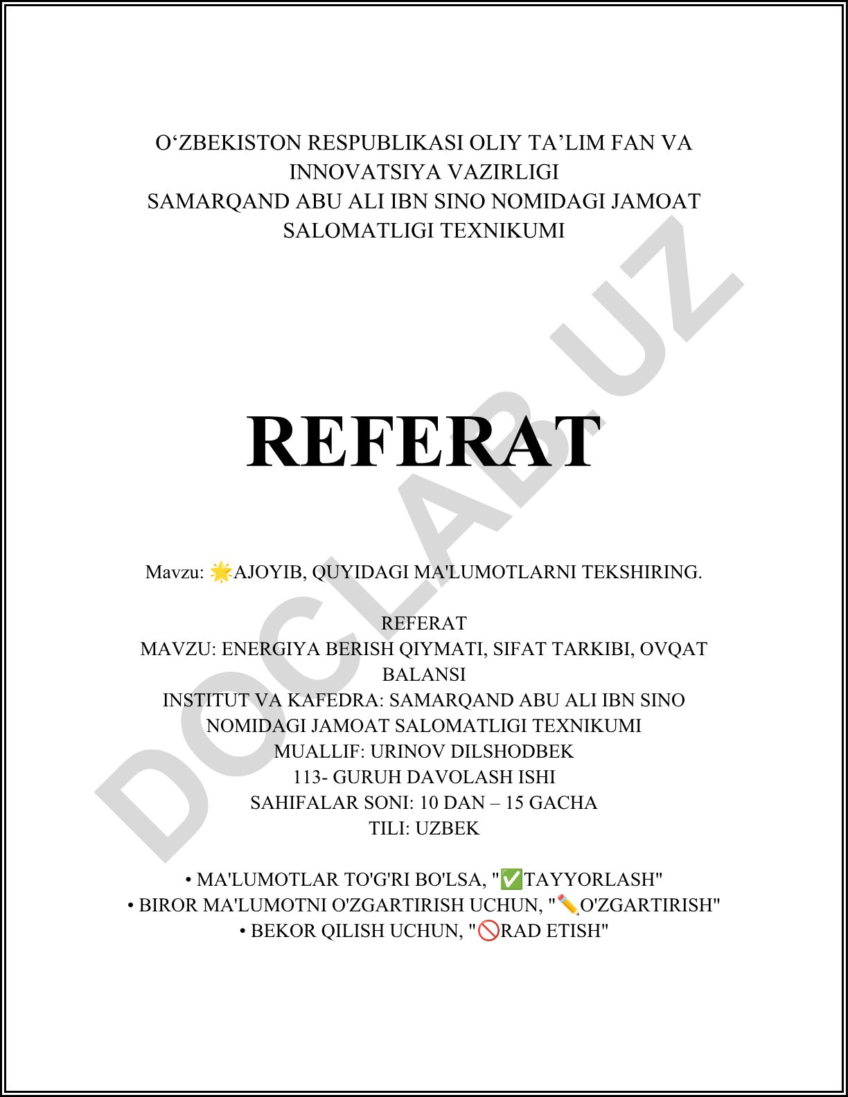 Energiya berish qiymati, sifat tarkibi, ovqat balansi