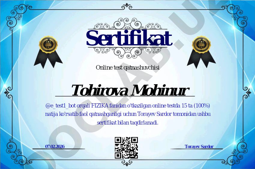 Fizika fanidan online test natijalari bo'yicha sertifikatlar