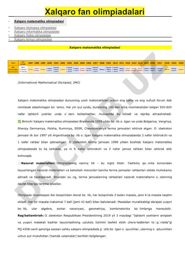Xalqaro fan olimpiadalari va O'zbekistonning Xalqaro matematika olimpiadasidagi ishtiroki