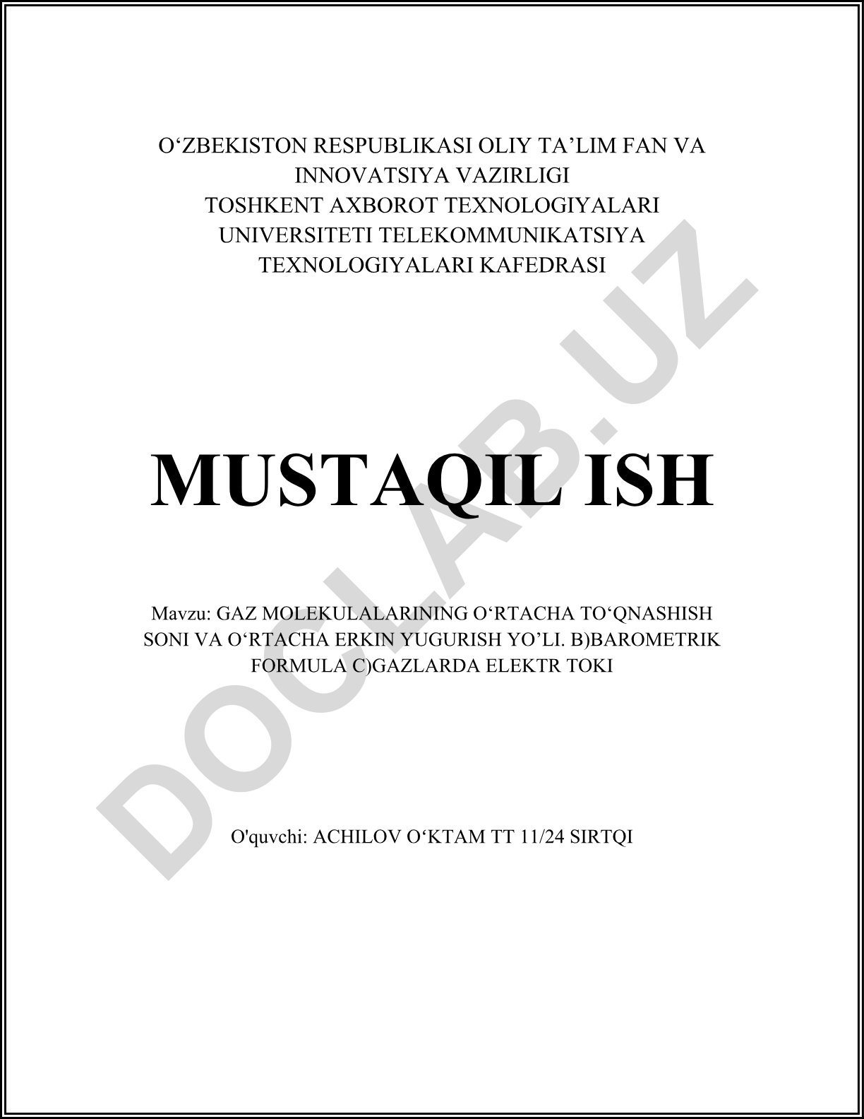 Gaz molekulalarining o'rtacha to'qnashish soni va o'rtacha erkin yugurish yo'li