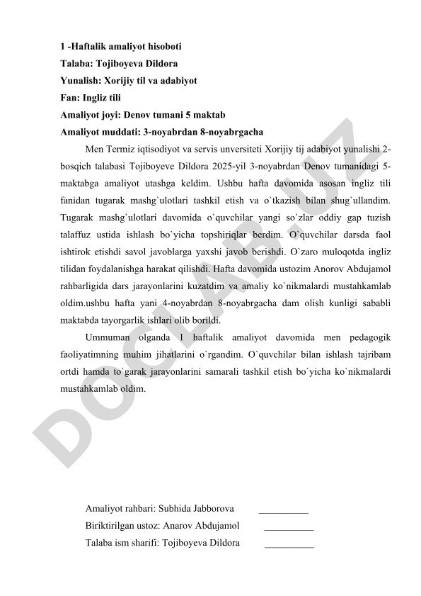 Ingliz tili fanidan tayyorgarlik ishlari va to'garak mashg'ulotlari