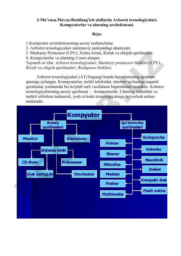 Boshlang'ich sinflarda Axborot texnologiyalari va kompyuter arxitekturasi