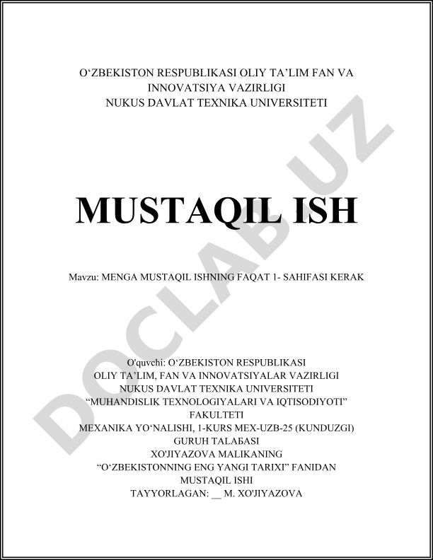 Mustaqil ishning birinchi sahifasi uchun minimal talablar
