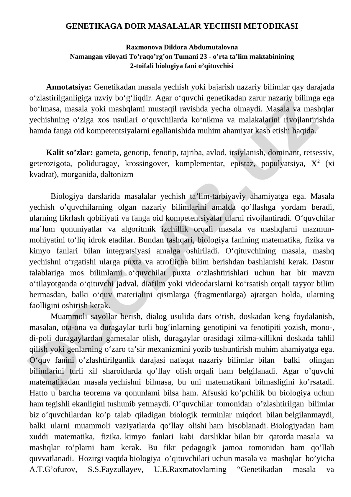 Genetikaga doir masalalar yechish metodikasi