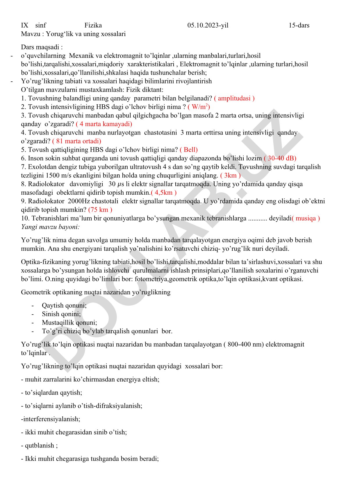 Yorug‘lik va uning xossalari