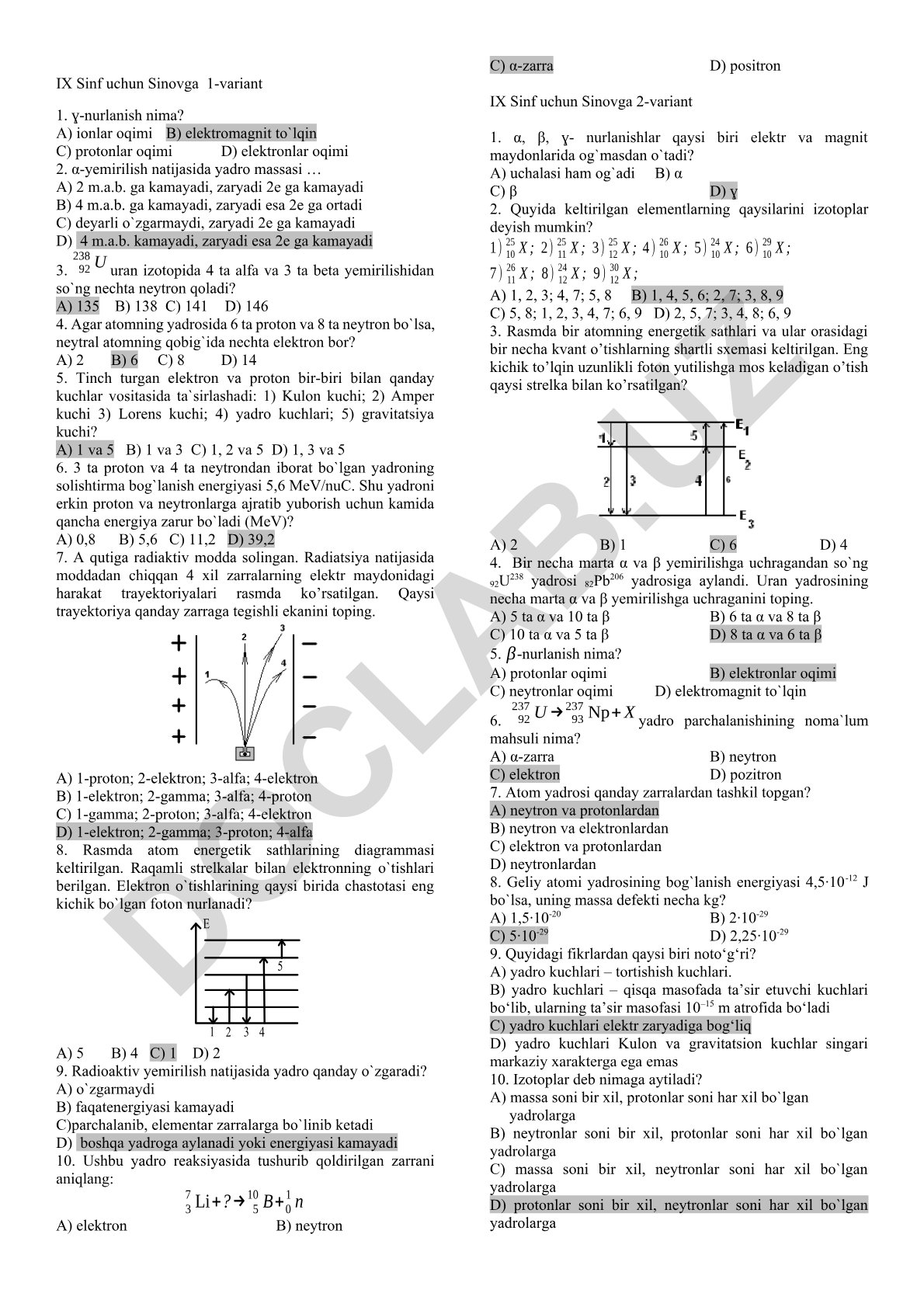 Fizika fanidan sinov savollari - IX sinf uchun