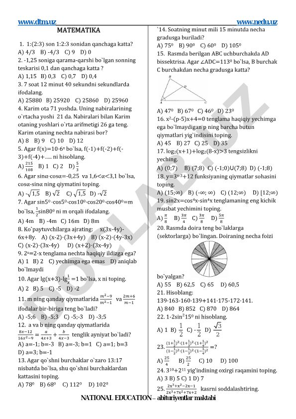 Matematika test savollari va masalalari