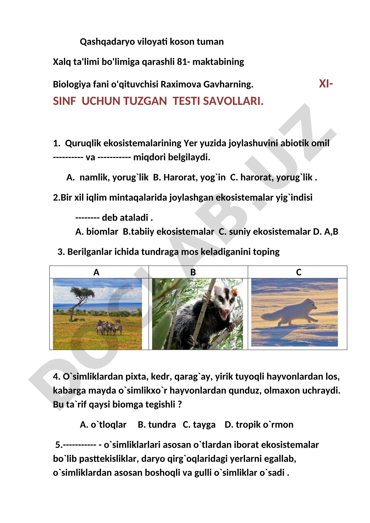 Biologiya 11-sinf: Ekosistemalar va biomlar bo'yicha test savollari