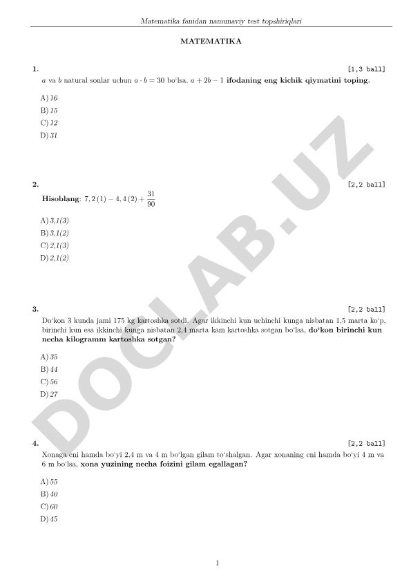 Matematika fanidan namunaviy test topshiriqlari