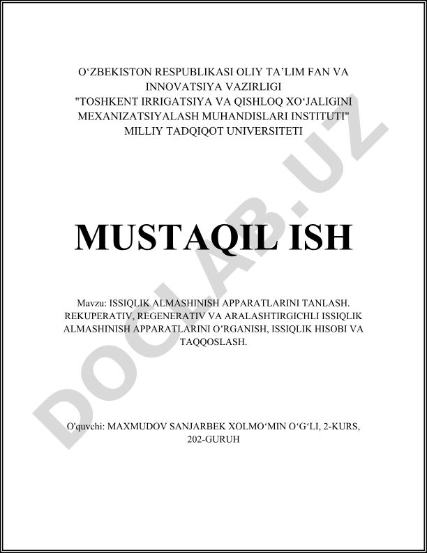 Issiqlik almashinish apparatlarini tanlash va turlarini o'rganish
