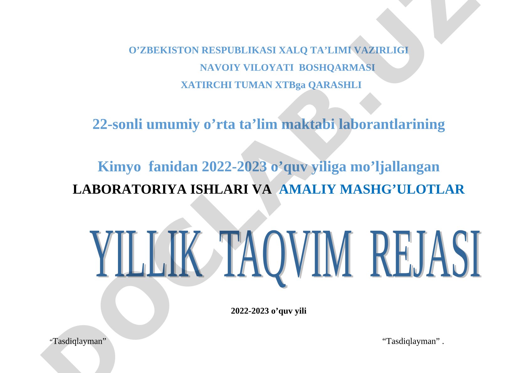 Kimyo fanidan 7-sinf laboratoriya ishlari va amaliy mashg'ulotlar rejasi