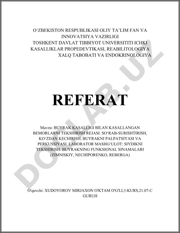Buyrak kasalligi bilan kasallangan bemorlarni tekshirish rejasi