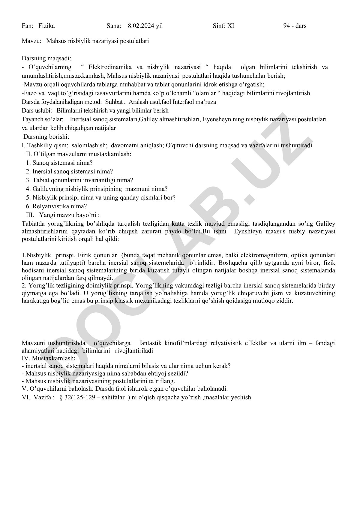 Mahsus nisbiylik nazariyasi postulatlari