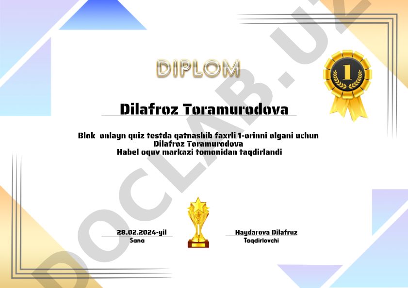 Dilafroz Toramurodovaning Blok onlayn quiz testda g'alabasi