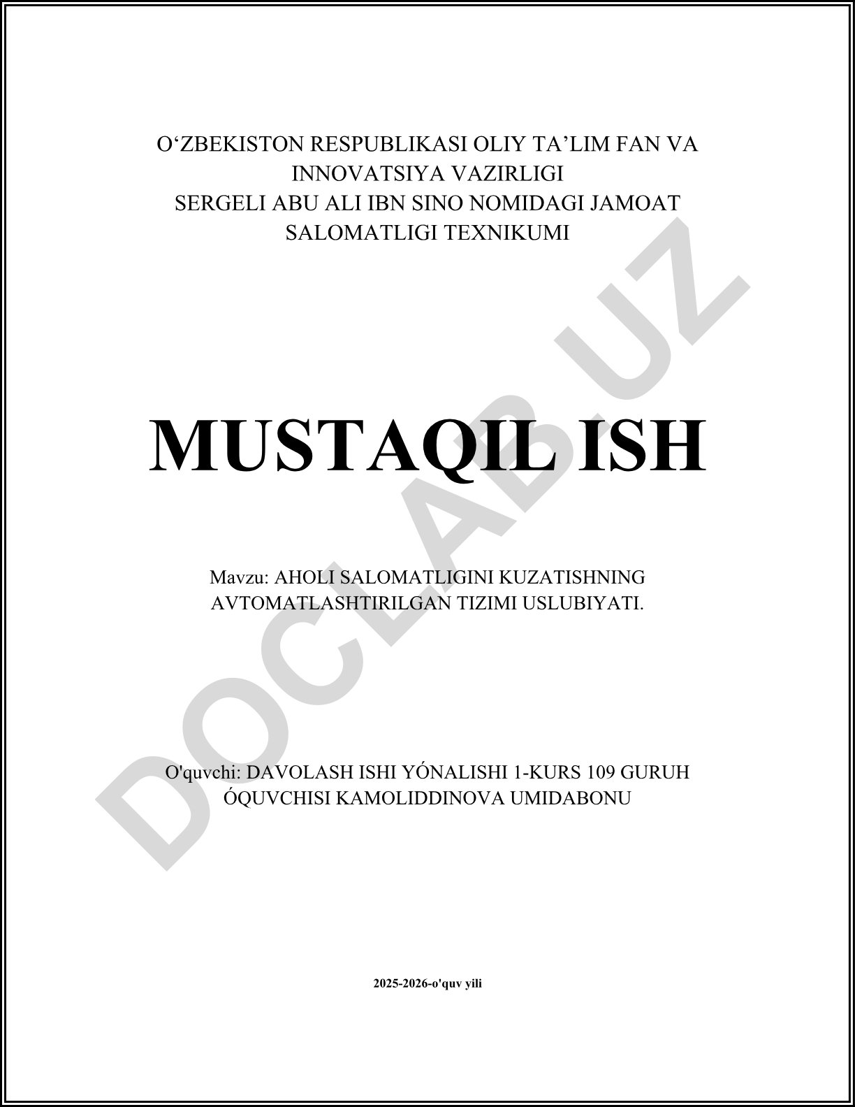Aholi salomatligini kuzatishning avtomatlashtirilgan tizimi uslubiyati