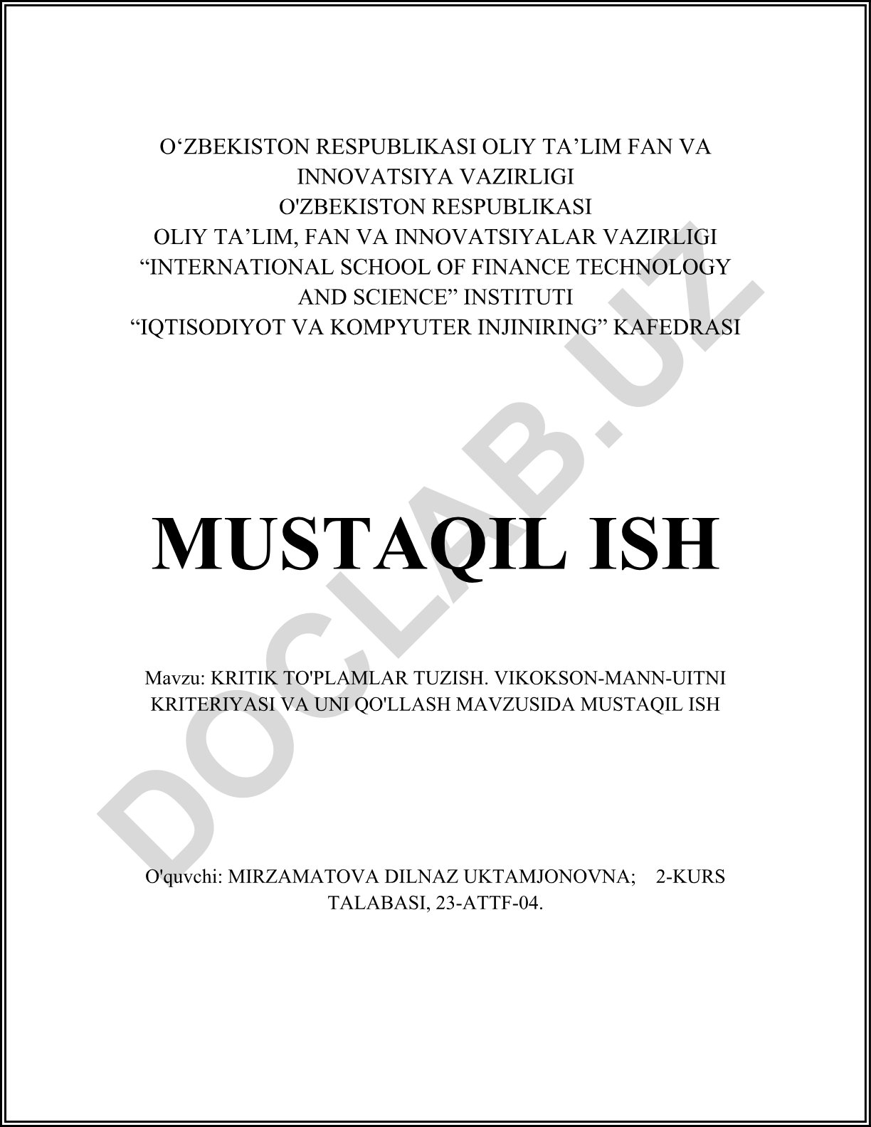 Kritik to'plamlar tuzish. Vikokson-Mann-Whitney kriteriyasi va uni qo'llash