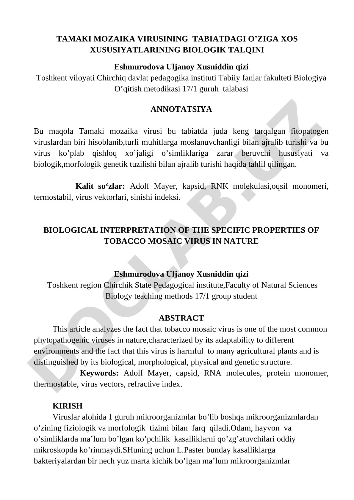 Tamaki mozaika virusining o'ziga xos biologik xususiyatlari